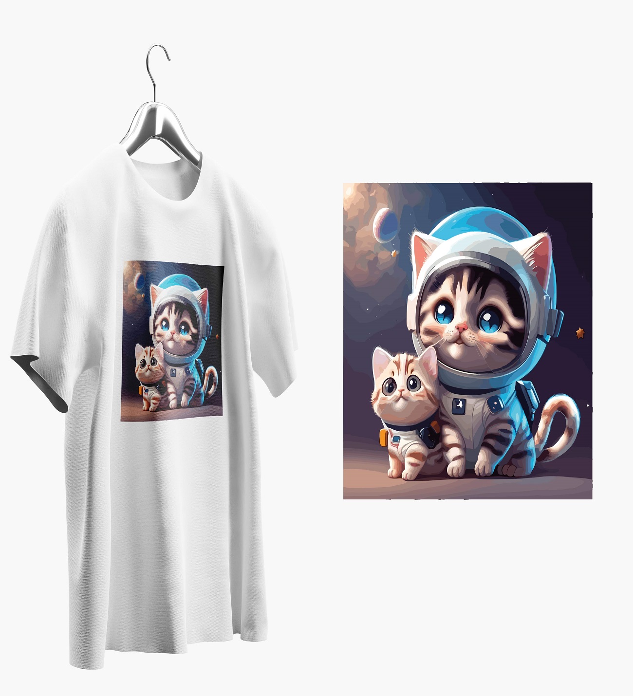 Astronot Kediler 2 Tasarımlı Beyaz Oversize T shirt T0027 